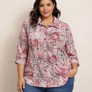 KAREN SCOTT Pink Paisley Animal Print Button-Up Shirt Top 2X Roll-Tab Boho Artsy